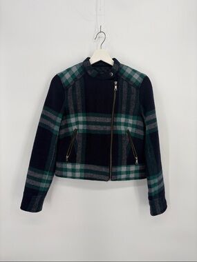 🪾 GAP Plaid  moto wool blend Jacket in Navy & Green
